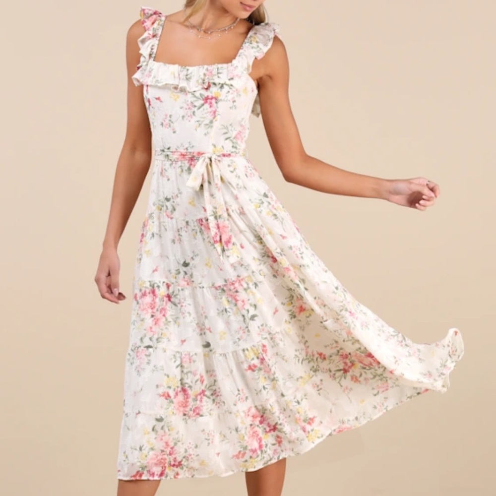 Lulus Shela Ivory Floral Jacquard Tiered Ruffle Midi Dress